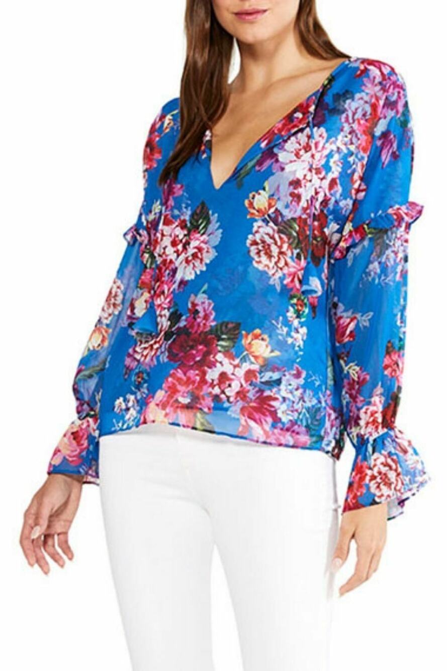 MISA Capriana Blue Floral Organza V-Neck Blouse XL